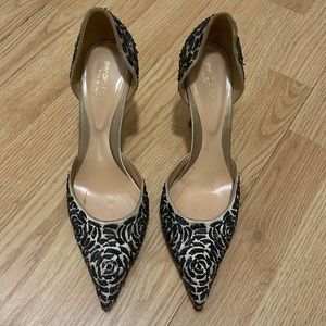 Sergio Rossi beige satin pumps with black sequin embroidery